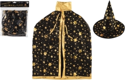 Chapeau et cape de sorcier/sorcière pour enfant noir et or, diamètre 38 cm