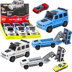 voiture tout-terrain avec petite voiture cachée et rampe lanceuse, lumière et son – blanc/bleu