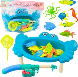 ensemble de pêche pour enfants avec table en forme de crabe, 10 animaux, canne et épuisette – bleu