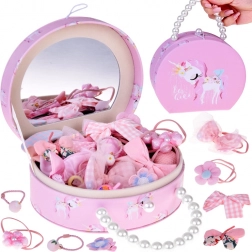 Charmante boîte à bijoux en simili-cuir avec miroir et ensemble d’accessoires pour cheveux