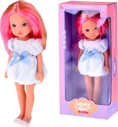 poupée aux longs cheveux rose-blond en robe blanche avec nœud bleu 33 cm