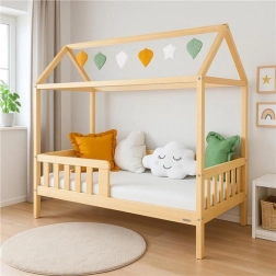 Lit cabane pour enfant avec barrière et sommier New Baby Castello 160 × 80 cm naturel