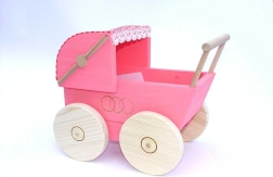 Poussette en bois pour poupées rose