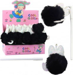 Stylo gel avec pompon noir, encre bleue 17 cm 0,5 mm