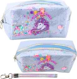 Trousse scolaire féerique avec licorne et confettis, bleue, 20 cm