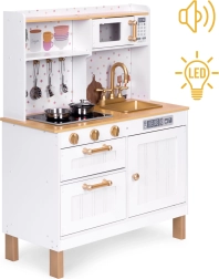 Cuisine en bois pour enfants avec sons et lumières LED, grande, avec placards ouvrants et 7 accessoires, ECOTOYS