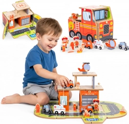 Caserne de pompiers en bois 2-en-1 – garage pliable et véhicule à 2 étages avec accessoires ECOTOYS