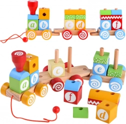 Petit train en bois avec lettres colorées