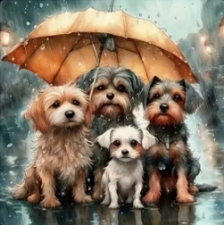 Mosaique de diamant - Famille de chiens sous un parapluie