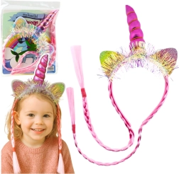 Serre-tête rose licorne avec corne, oreilles et tresses
