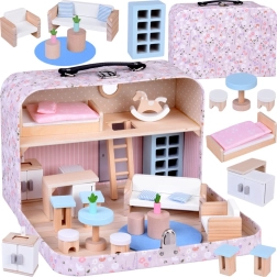 Maison de poupées fleurie dans une valise avec meubles en bois
