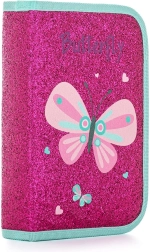 Trousse scolaire à un étage avec effet paillettes, motif papillon, 2 rabats