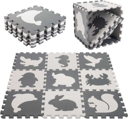 Tapis éducatif en mousse puzzle avec animaux, gris 85 × 85 cm, 9 pièces