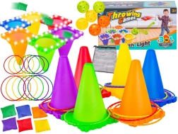 Jeu d’adresse 3 en 1 – lancer sur cible avec cônes LED, balles, sacs et anneaux