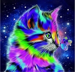 Mosaïque diamant - Chat avec papillon la nuit