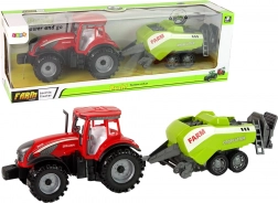 Tracteur rouge avec semoir vert à entraînement par friction