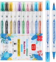 Set de 10 feutres métalliques double pointe avec paillettes
