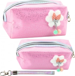 Trousse de maquillage rose avec nœud et paillettes