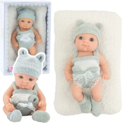 Poupée en tissu bébé avec morceau de couverture, tenue gris-blanc, bonnet, 18 cm