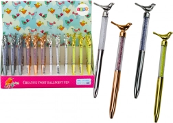 Stylo à bille avec petit oiseau et strass scintillants, encre bleue 0,7 mm