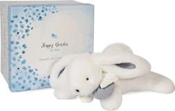 Coffret cadeau Doudou - lapin en peluche avec pompon blanc