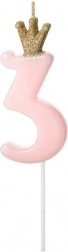 Bougie d’anniversaire rose avec couronne en forme du chiffre 3