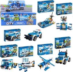 Kit de construction police 8-en-1 – véhicules, bâtiments et hélicoptère (98–118 pièces)