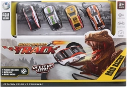 Piste de lancement avec dinosaure et petites voitures