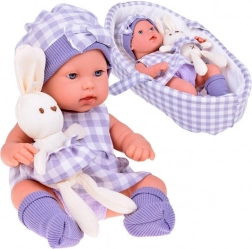 poupée bébé réaliste avec panier et lapin en peluche, gris
