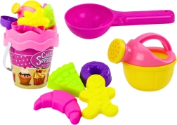 Set rose pour le sable à motif de douceurs – seau, arrosoir et moules, 8 pièces