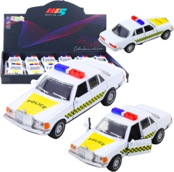 Voiture de police en métal 1:32 avec moteur à rétrofriction et portes ouvrantes, blanche