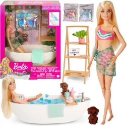 barbie relax – bain avec mousse de confettis et baignoire, poupée blonde et accessoires