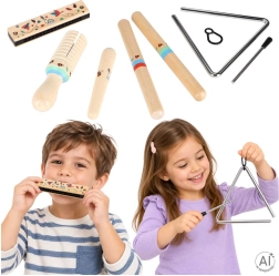 Instruments de musique en bois pour enfants – set (triangle, baguettes rythmiques, harmonica, guiro)