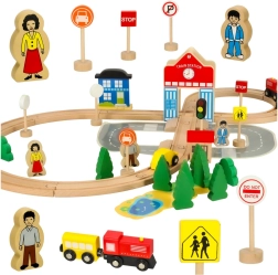 Circuit de train en bois avec gare 50 pièces
