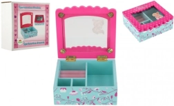 Boîte à bijoux en bois avec fleurs et miroir, turquoise‑rose