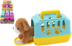 Chien en peluche dans une boîte de transport