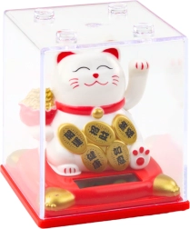 Statuette solaire blanche du chat porte-bonheur chinois en vitrine