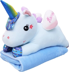 Licorne en peluche 3-en-1 avec couverture, bleu 55 cm (couverture 160 × 110 cm)