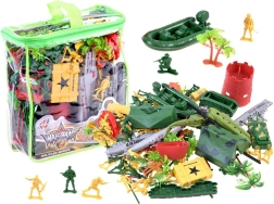 Grand set de petits soldats en plastique avec tank et hélicoptère dans une pochette zippée