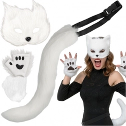 Costume chat, renard ou loup RUHHY – set blanc 4 en 1 avec masque, queue et pattes