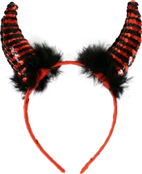 Cornes de diable à paillettes et plumes sur serre-tête satiné