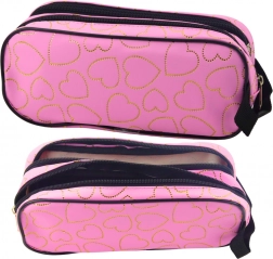 Trousse scolaire rose à petits cœurs dorés, à deux compartiments