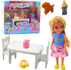 Coffret d’anniversaire avec poupée, chiot et chaton – table et accessoires pour la fête