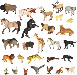 Coffret de 28 figurines d’animaux – zoo, safari et ferme, avec boîte
