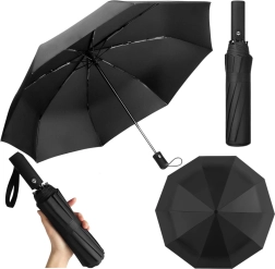Parapluie pliant automatique 12 baleines, noir, avec étui 105 cm