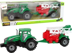 tracteur vert avec pulvérisateur rouge‑vert à entraînement par friction
