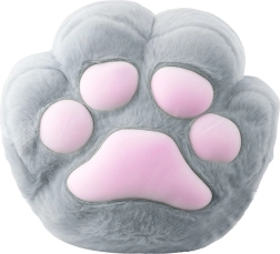 Coussin en peluche patte de chat avec poche chauffe-mains, gris 40 cm