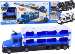 Camion porteur avec piste de course extensible 2‑en‑1, lumières et sons, voitures de police, bleu