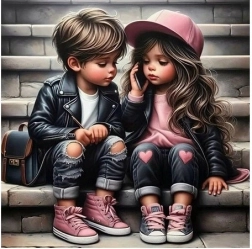 Mosaïque diagonale Fille et garçon sur les escaliers