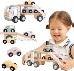 Transporteur de voitures en bois VIGA PolarB avec 3 voitures et un conducteur